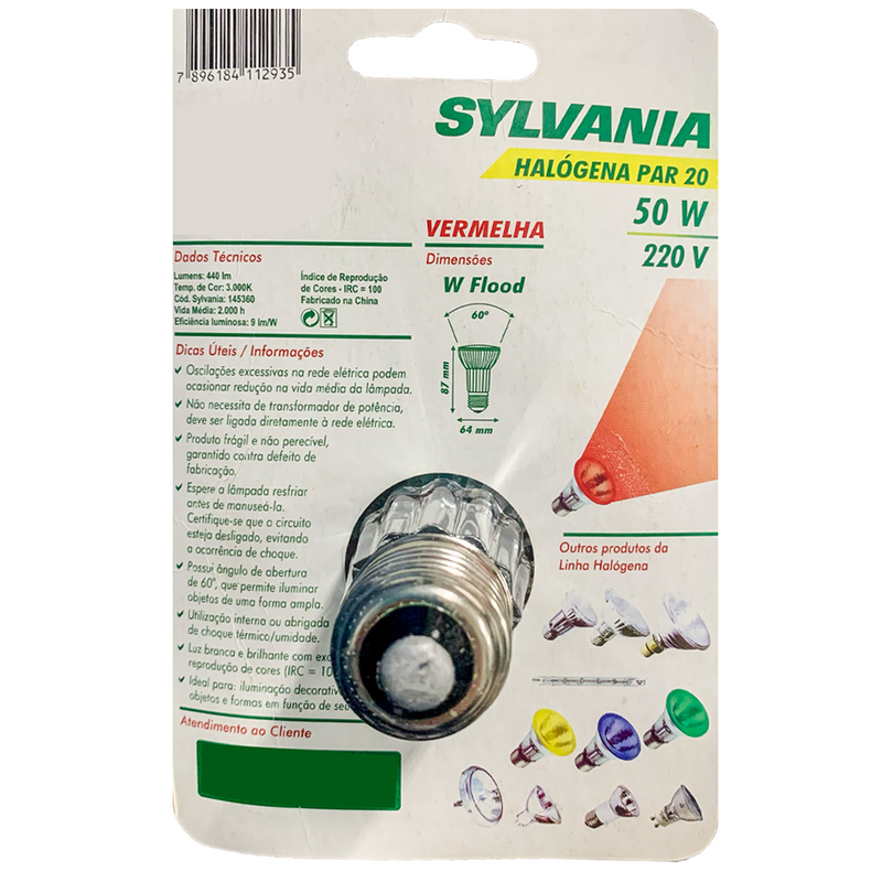 Lâmpada Halogena Par20 50W 220V Vermelho Sylvania