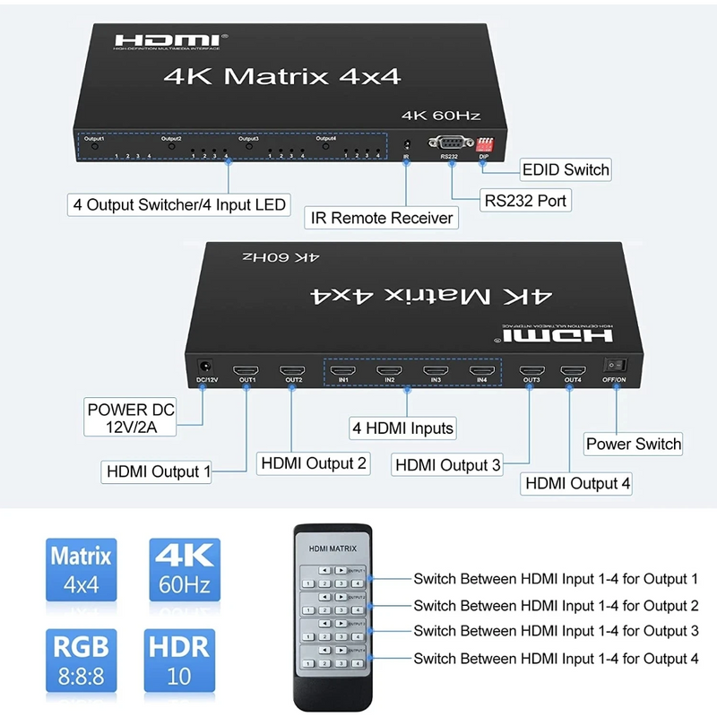 Matrix HDMI 4x4 Ultra HD 2.0 4K 18Gbps Profissional Ativo Conex