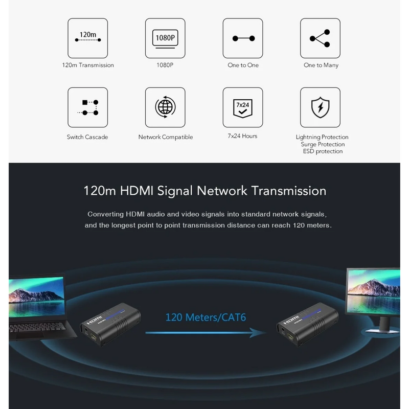 Extensor Hdmi 4k 2.0 Até 120m 1 Unico Cabo De Rede Cat5 Cat6