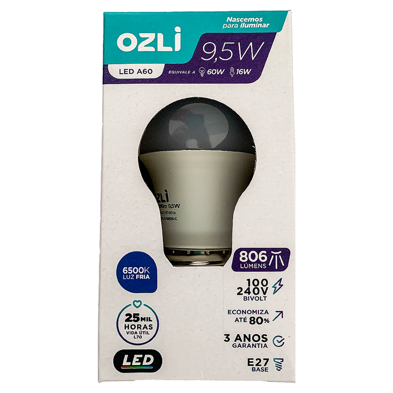 Lâmpada de Led Bulbo E27 9,5W 6500K Branco Frio Ozli