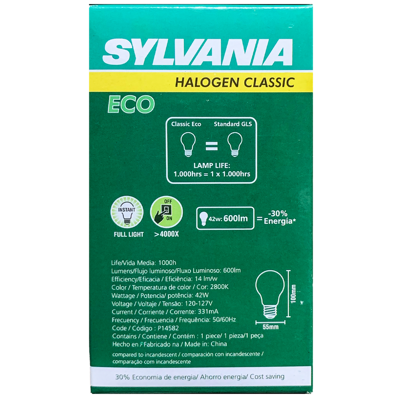 KIT 05 Lâmpada Bulbo Halogena Eco Classic 42W 2800K 127V Sylvania