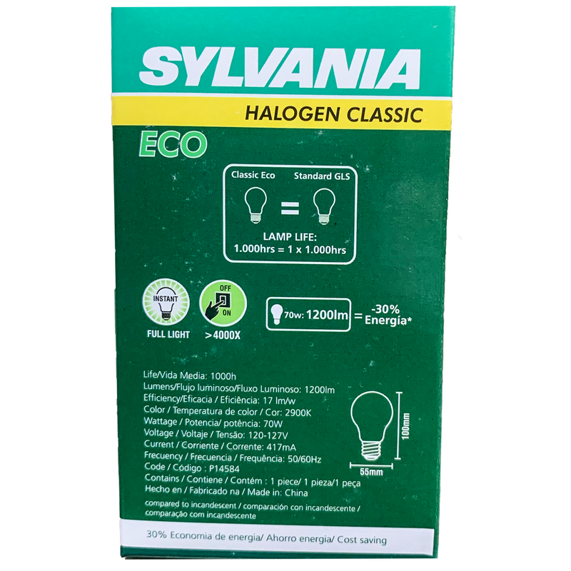 KIT 05 Lâmpada Bulbo Halogena Eco Classic 70W 2800K 127V Sylvania