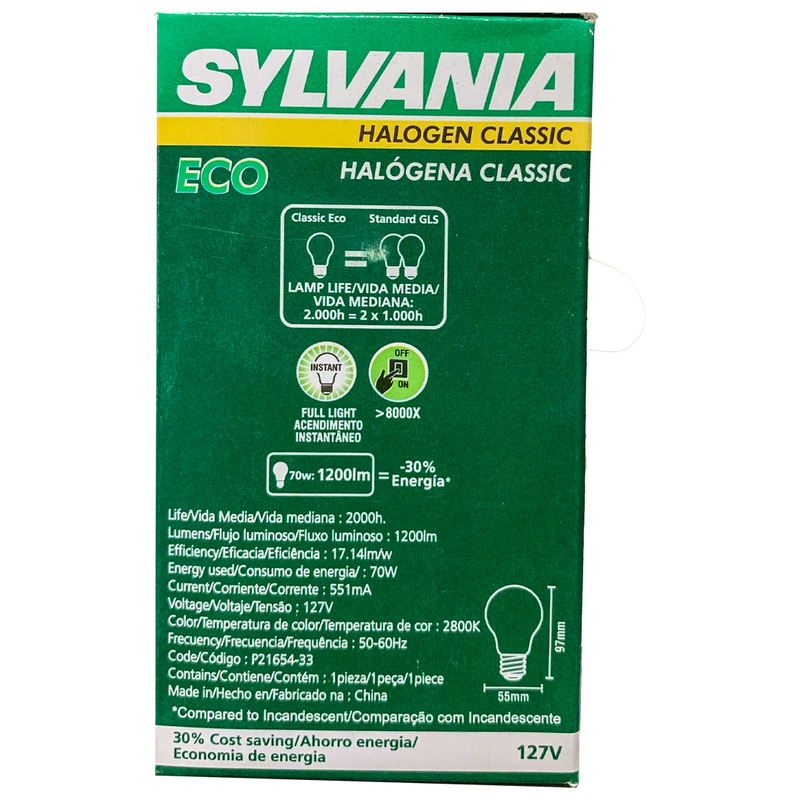 Lâmpada Halogena Eco Classic 70W 2800K 127V Sylvania