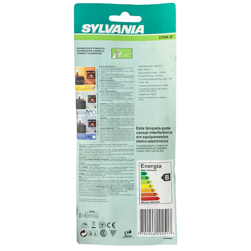 Lâmpada Eletrênica Compacta Lynx D 18W G24d‐22 pinos 2700K Sylvania