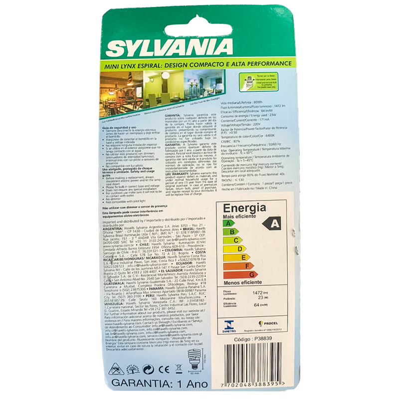 Lâmpada Eletrônica Espiral 23W 6400K 220V Sylvania