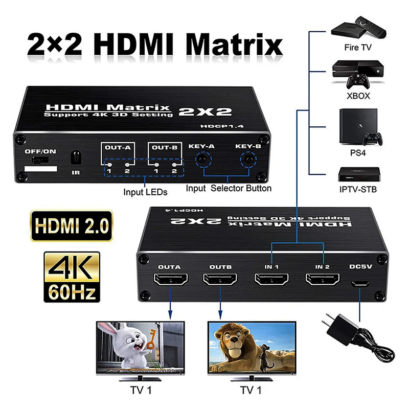 Matrix Hdmi 2x2 4k 60hz Switcher Splitter Conex